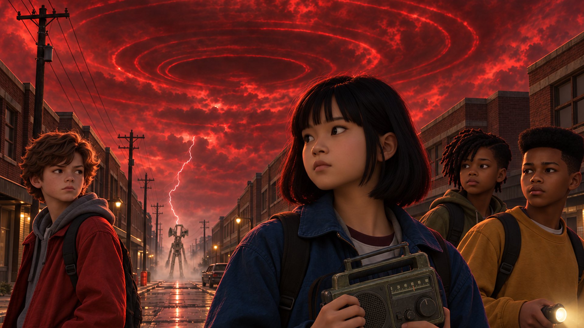 Four kids with a radio under a red storm sky in the town of Greyford